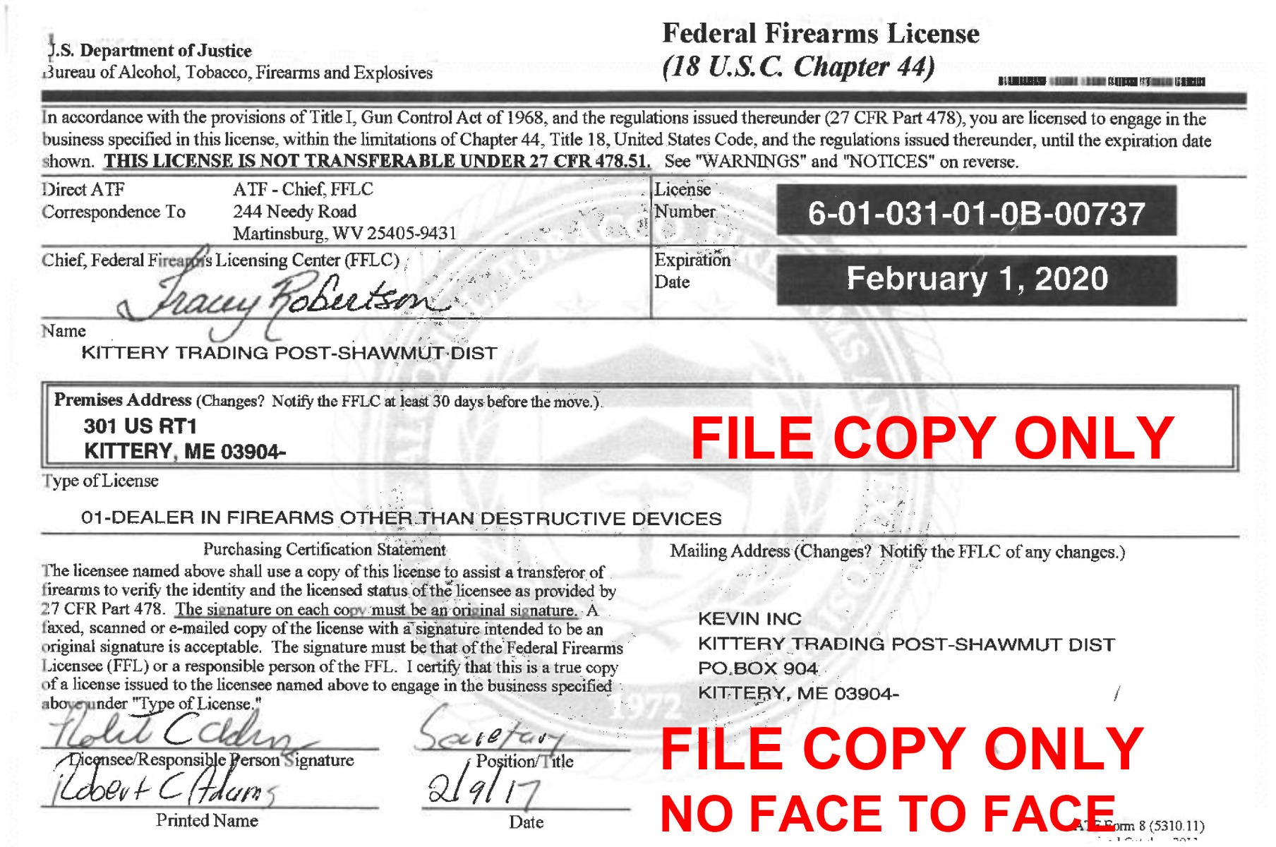 A copy of an FFL license