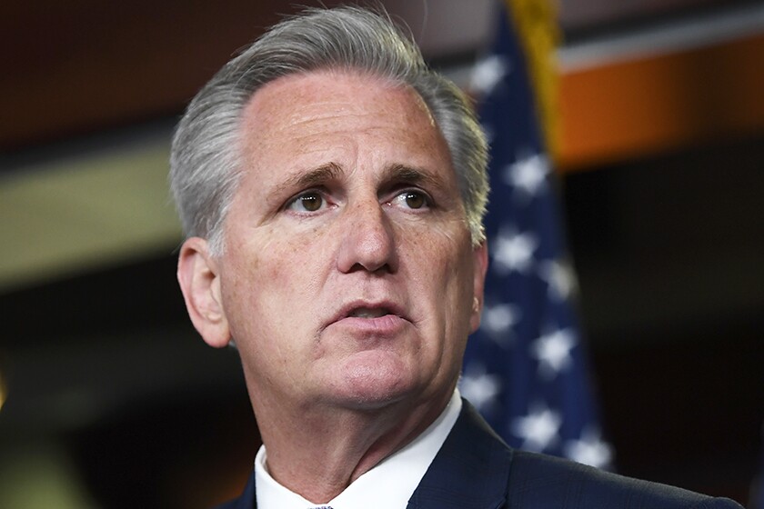 California Congressman Kevin McCarthy will likely replace Nancy Pelosi as Speaker (although New York Rep. Hakeem Jeffries is a contender)  if the Republicans can take the House. (photo credit: latimes.com)
