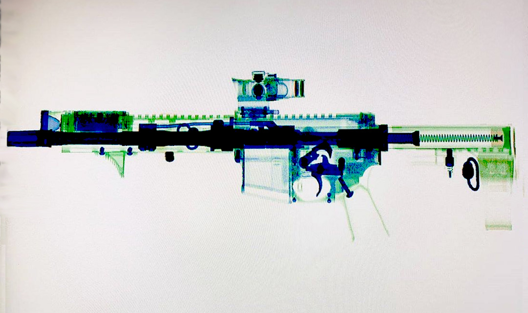 An X-Ray image of a .300 Blackout AR pistol featuring a number of different manufacturers, including Armaspec (SMB buffer, not the lower parts kit), Rosco Mfg, Cloud Defensive, True North Concepts, Neo Mag, American Defense Manufacturing, Primary Arms, Aero Precision, Reptilia Corp, and SB Tactical.  